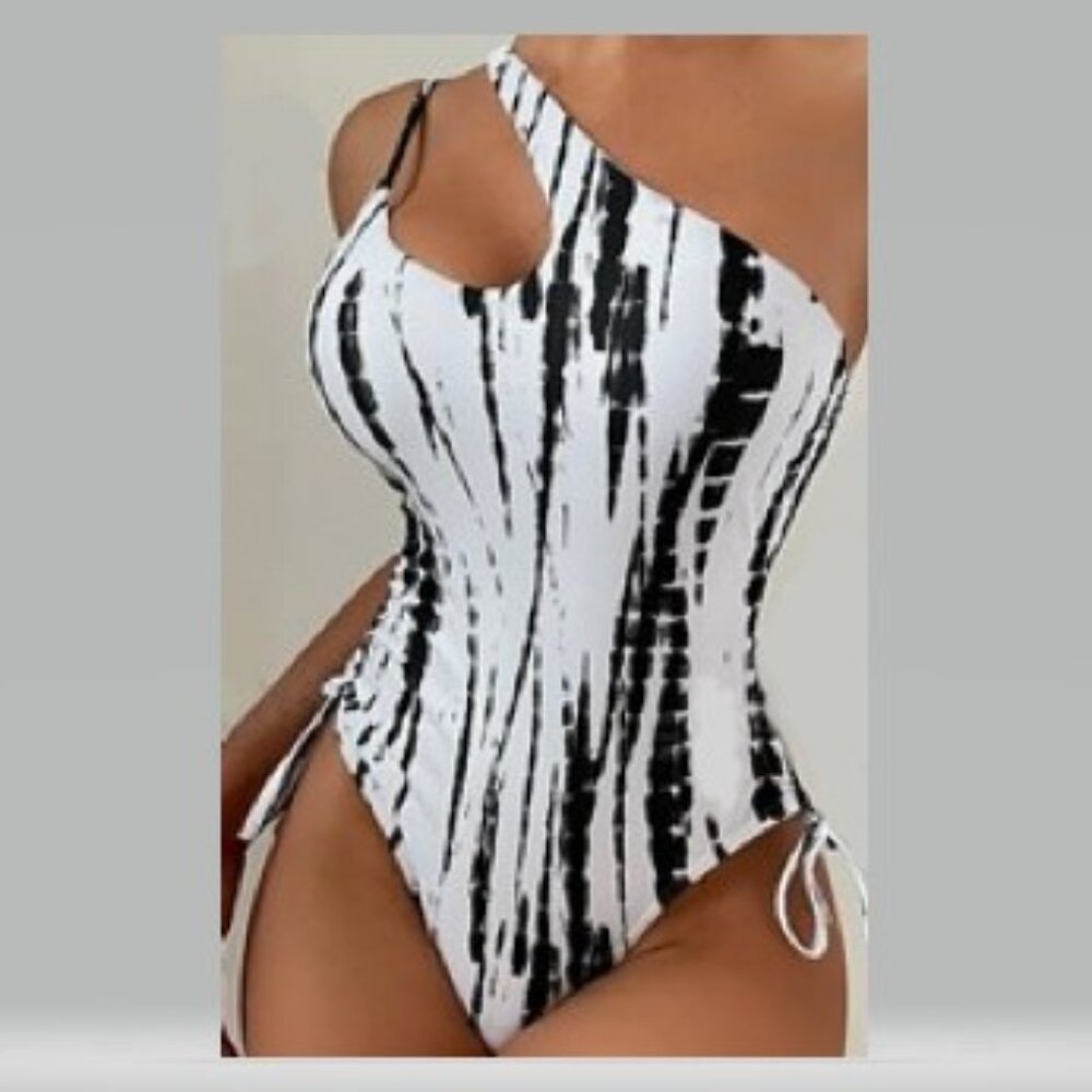 Women's Black-n-White One Shoulder Swimsuit (One Piece)